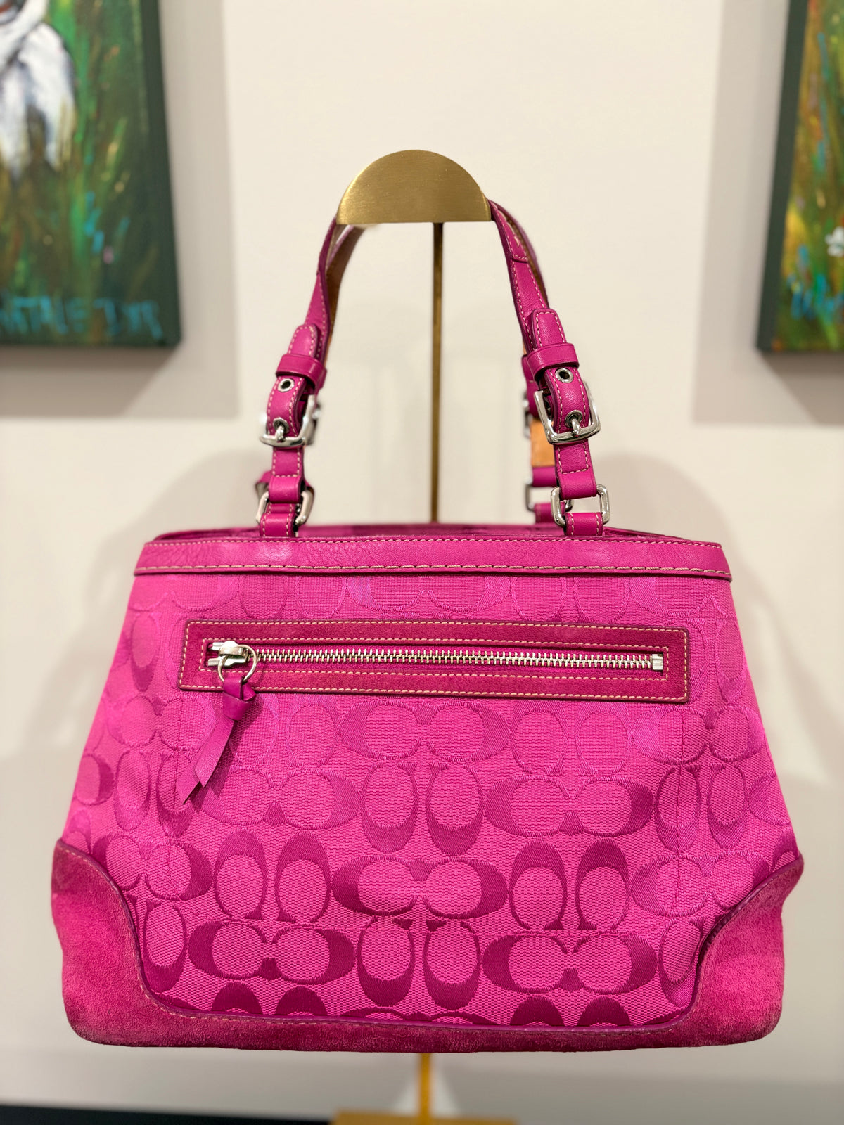 Coach 2004 6830 Hampton Signature Satchel Pink Canvas Suede Trim - Image 2