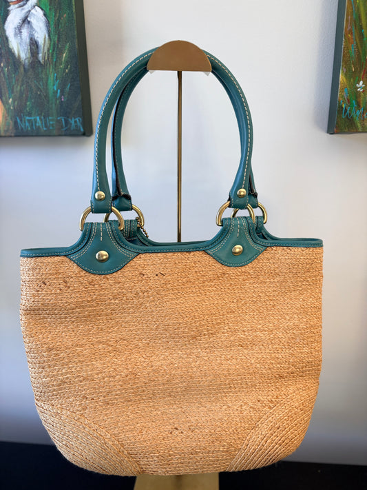 Coach 2018 F13373 Straw Tote Bag - Natural Straw with Teal Leather Trim & Flower Applique - Image 2