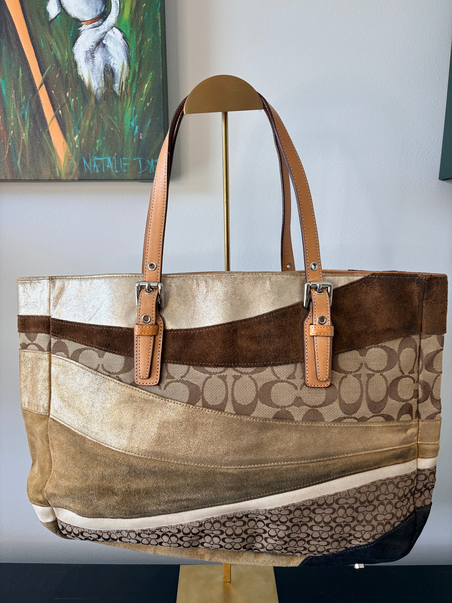 Coach Signature wave Patchwork Tote Bag - Metallic Gold and Brown Suede - Image 2