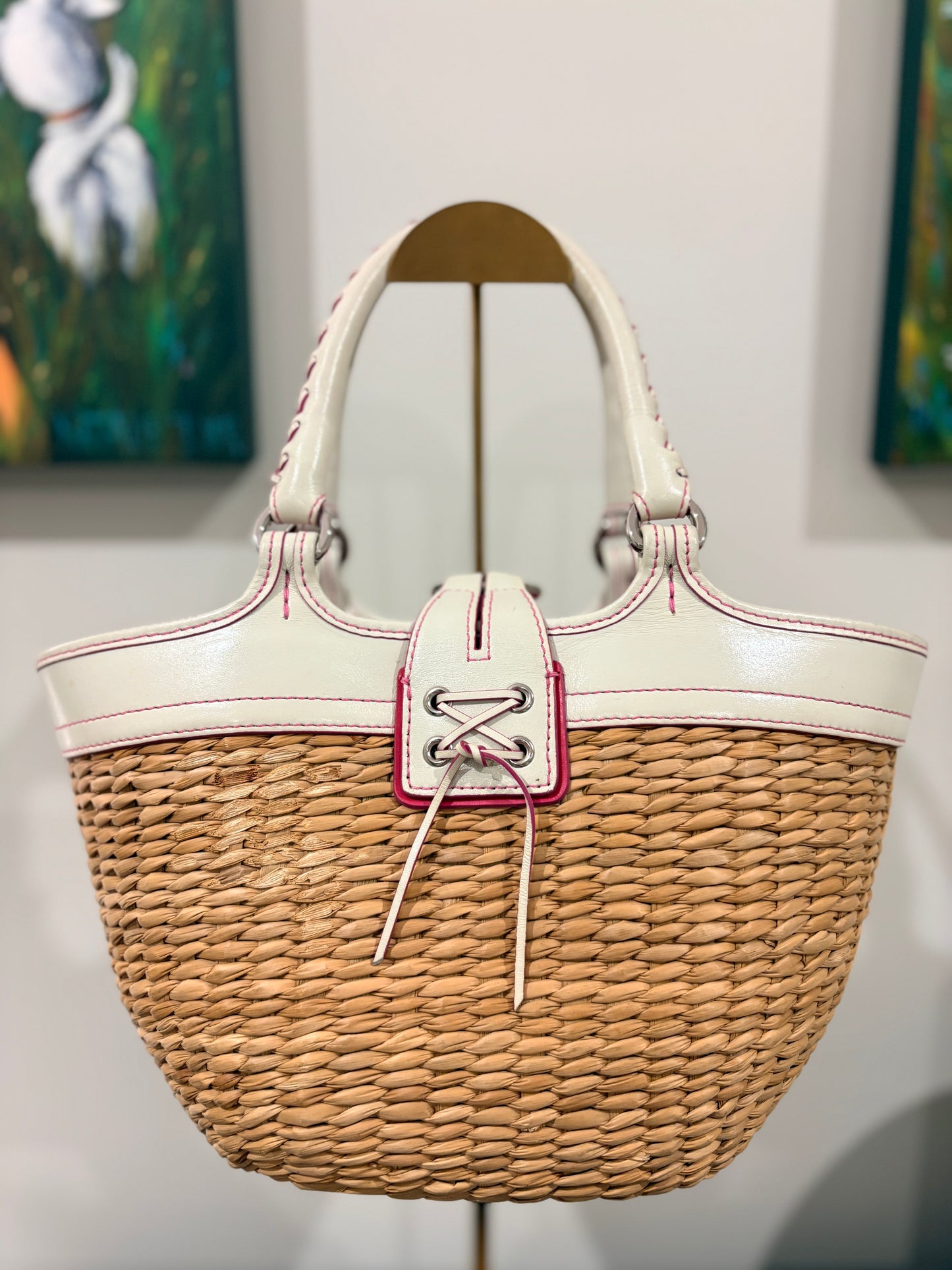 Coach 2003 6270 Soho Straw Butterfly Tote Bag - Wicker And White Leather Satchel - Image 2