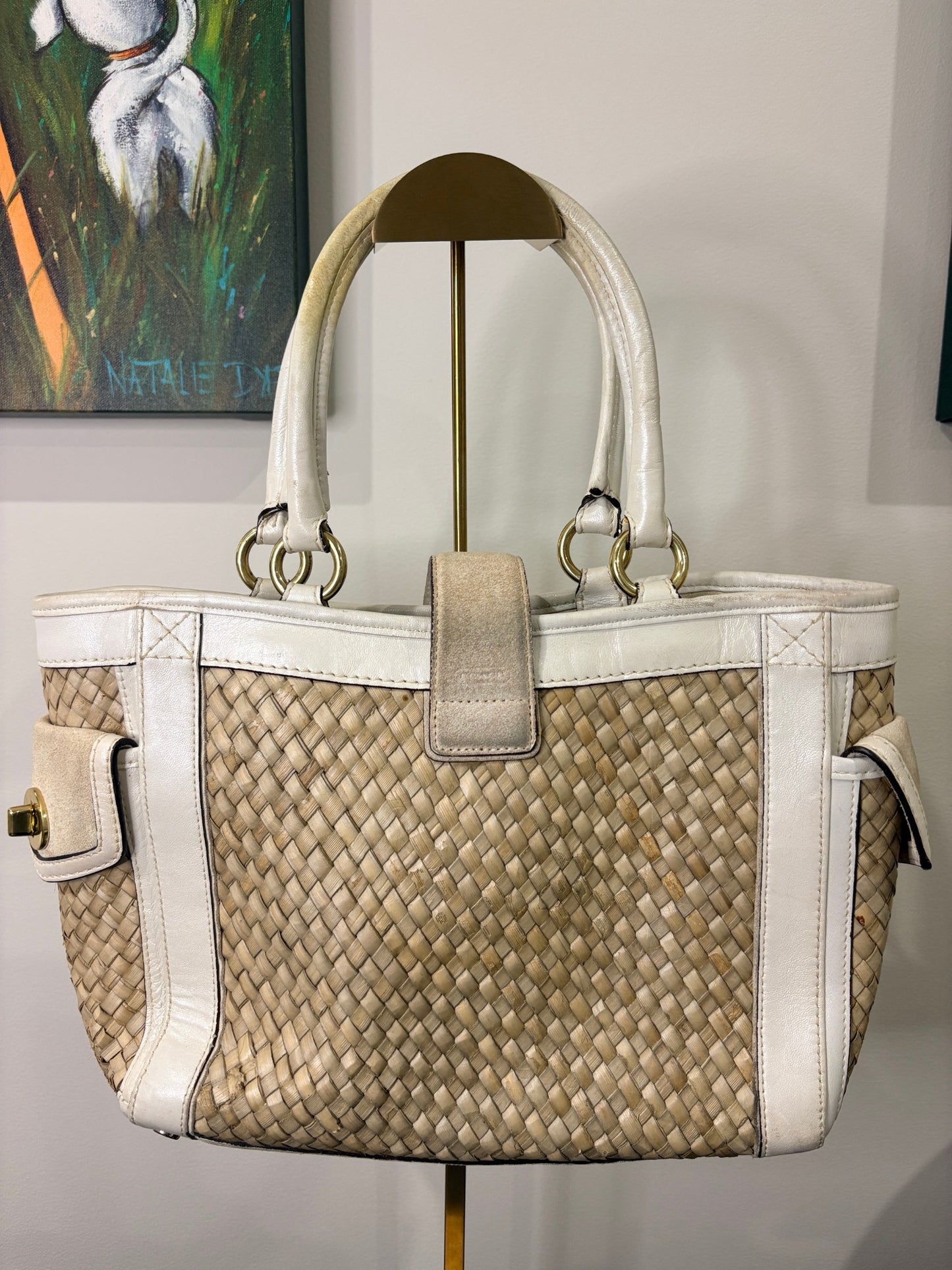 Coach 2004 4419 Hamptons Woven Straw Tote Bag - Natural Straw & White Leather Trim - Image 2