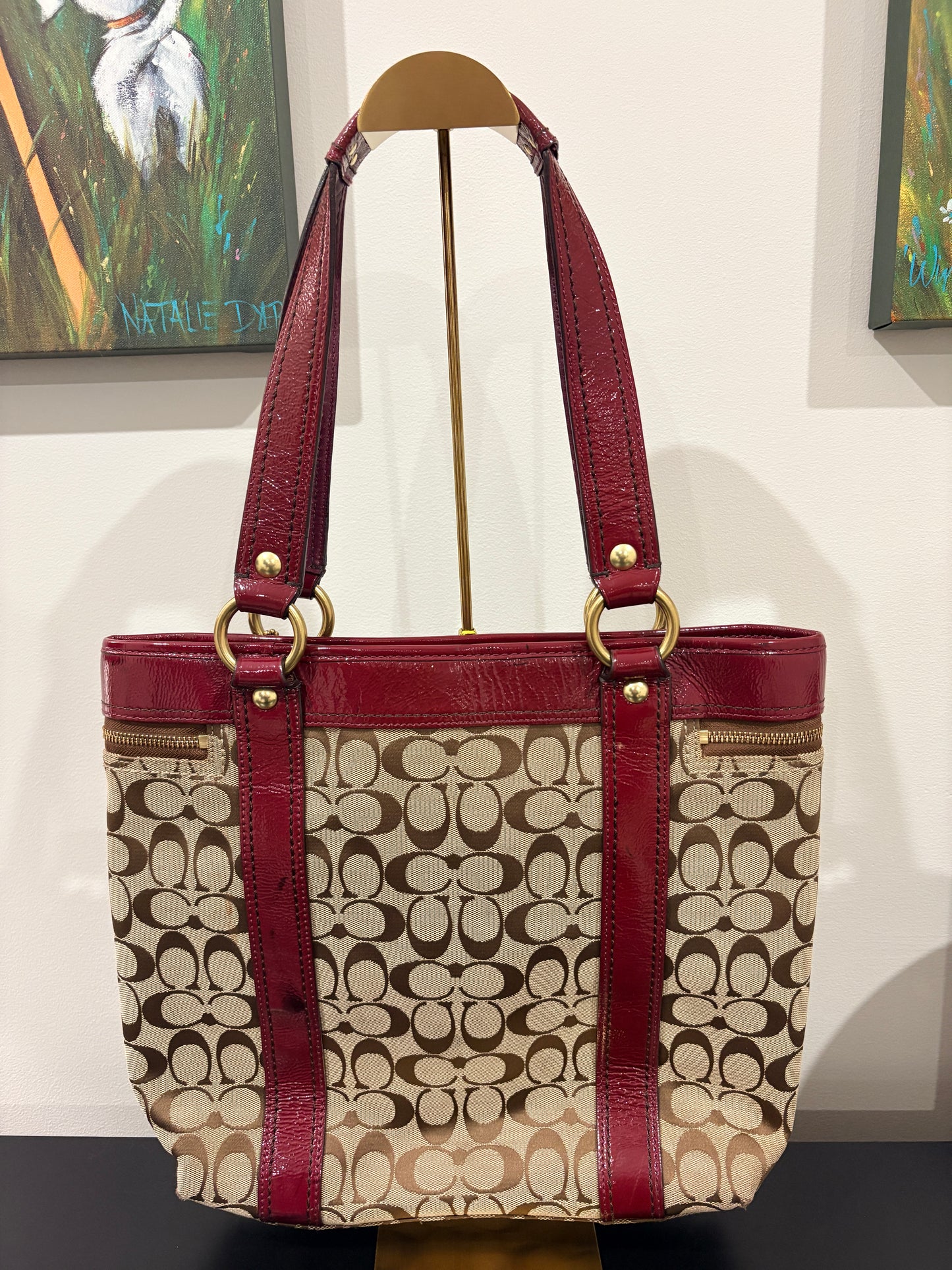 Coach 2008 F12889 Signature Legacy Signature Turnlock Tote - Red Patent Leather & Monogram Canvas - Image 2