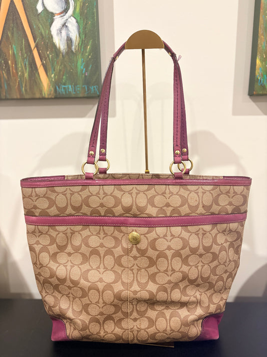 Coach 2008 12354 Signature Stripe Tote Bag - Khaki and Pink Horse and Carriage - Image 2