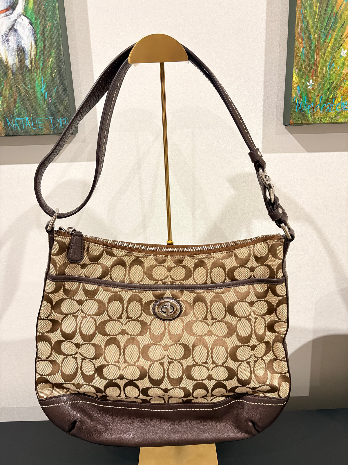 Signature C Hobo Bag - Brown Canvas Shoulder Bag With Turnlock Detail - Image 1