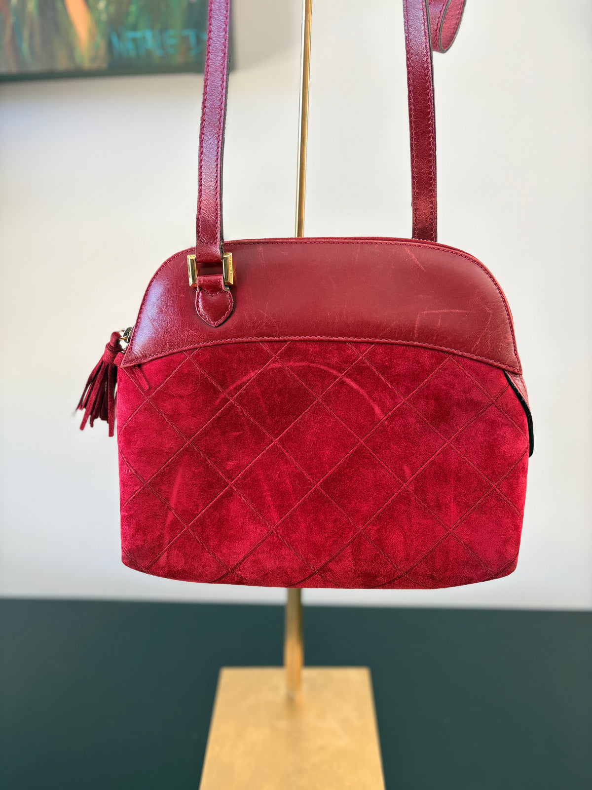Salvatore Ferragamo Quilted Suede and Leather Shoulder Bag - Red - Image 1