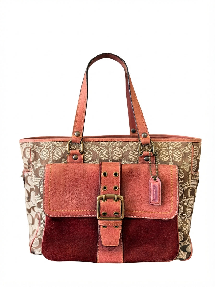 VVA375 - 2004 7066 Limited Edition Coach Signature Stripe Buckle Tote Bag - Pink Suede and Canvas - Image 1