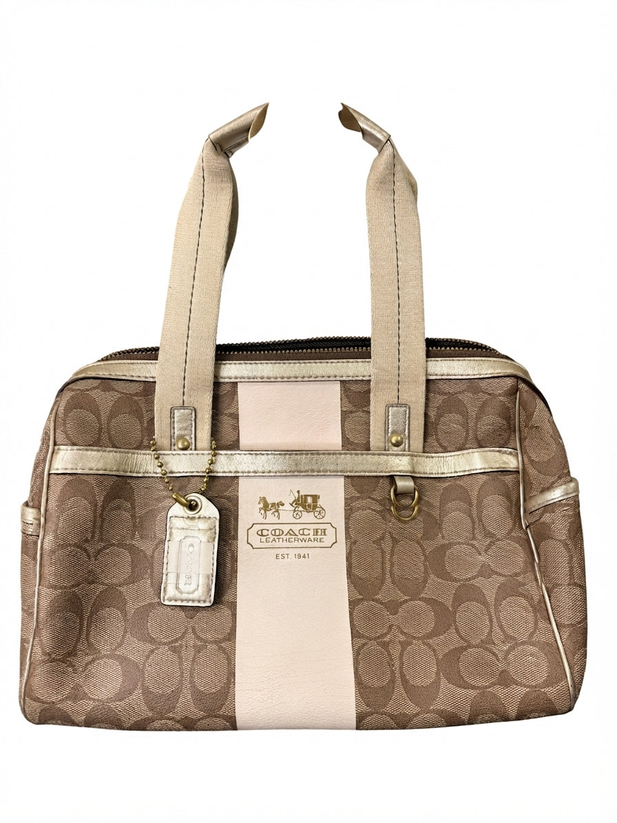 Coach 2010 F11353 Signature Stripe Satchel Bag - Beige & Brown Logo Handbag - Image 1