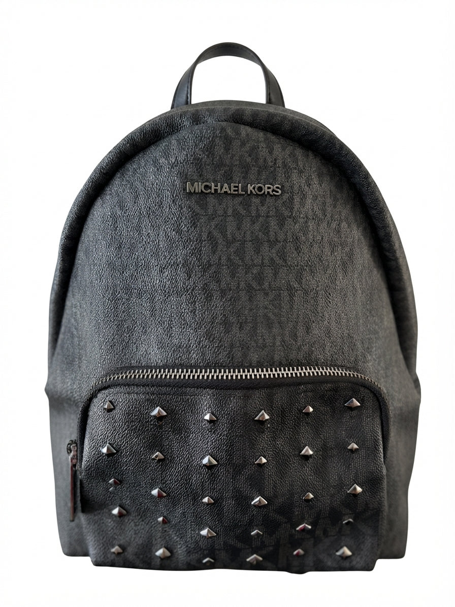 VVA378 - Michael Kors Rhea Zip Backpack - Black Signature Monogram with Studs - Image 1