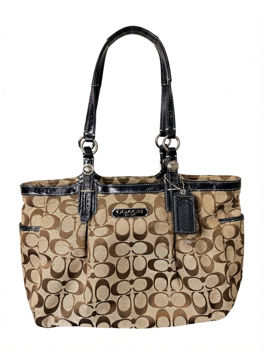 Coach 2010 F15146 Signature East West Tote Bag - Khaki Brown with Black Patent Leather Trim - Image 1
