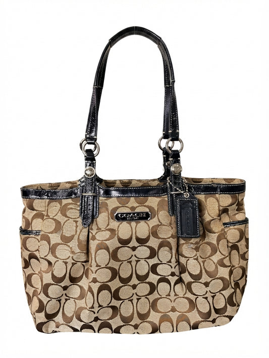 Coach 2010 F15146 Signature East West Tote Bag - Khaki Brown with Black Patent Leather Trim - Image 1