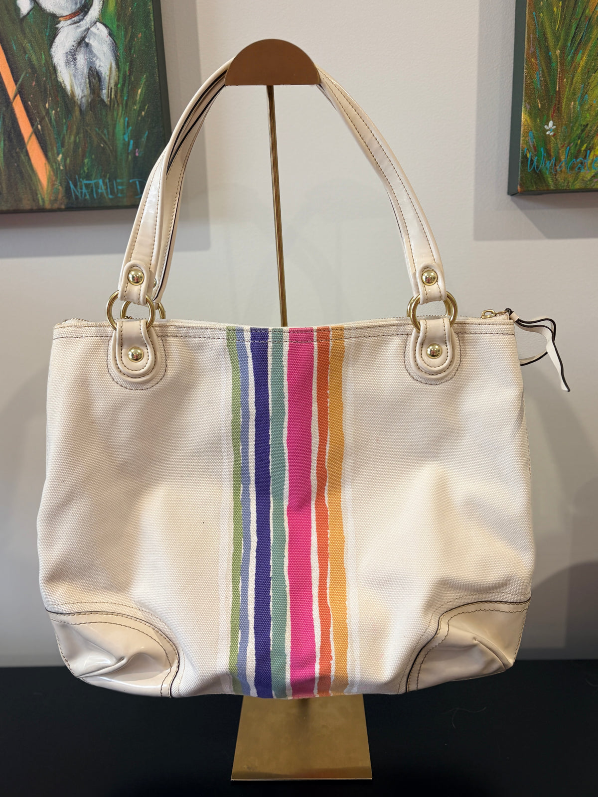 VVA339 - Coach 2011 19615 Heritage Stripe Canvas Tote Bag - Vibrant Rainbow Detail - Image 2