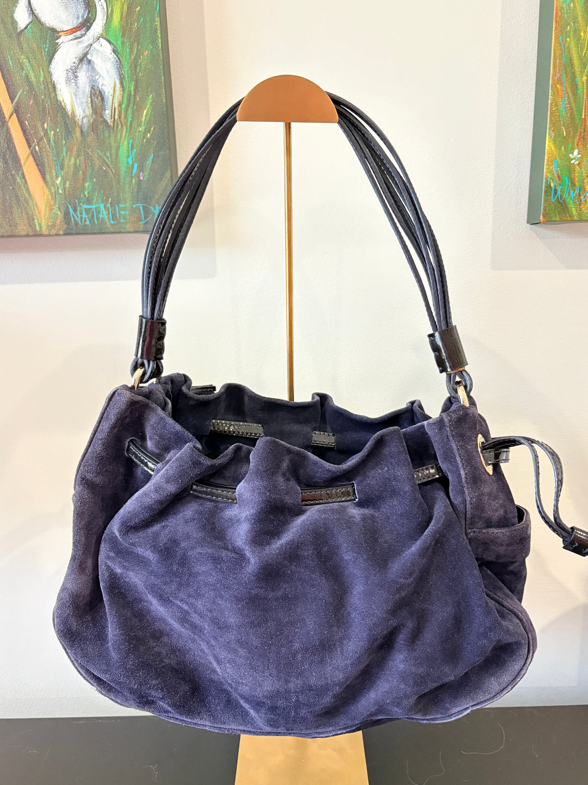 VVA378 - Kate Spade New York Shoulder Bag - Navy Suede Drawstring Hobo - Image 2