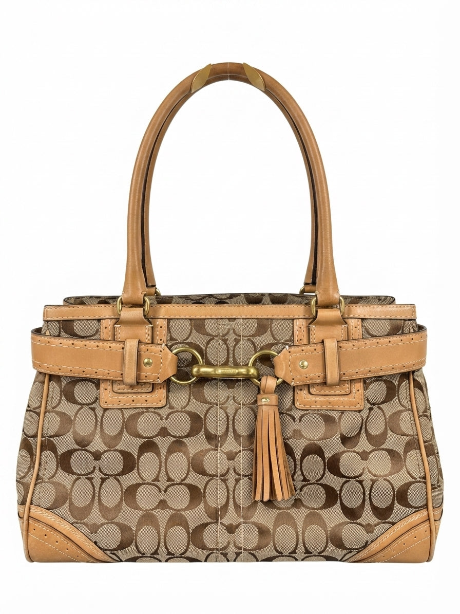 Coach 2012 F10508 Signature Hamptons Carryall Tote Bag - Beige Monogram & Tan Leather - Image 1