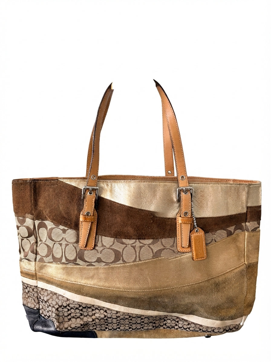Coach Signature wave Patchwork Tote Bag - Metallic Gold and Brown Suede - Image 1