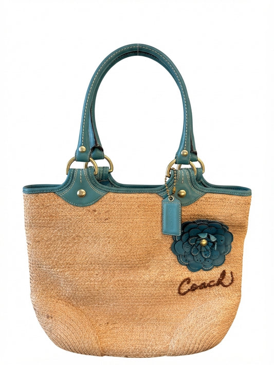 Coach 2018 F13373 Straw Tote Bag - Natural Straw with Teal Leather Trim & Flower Applique - Image 1