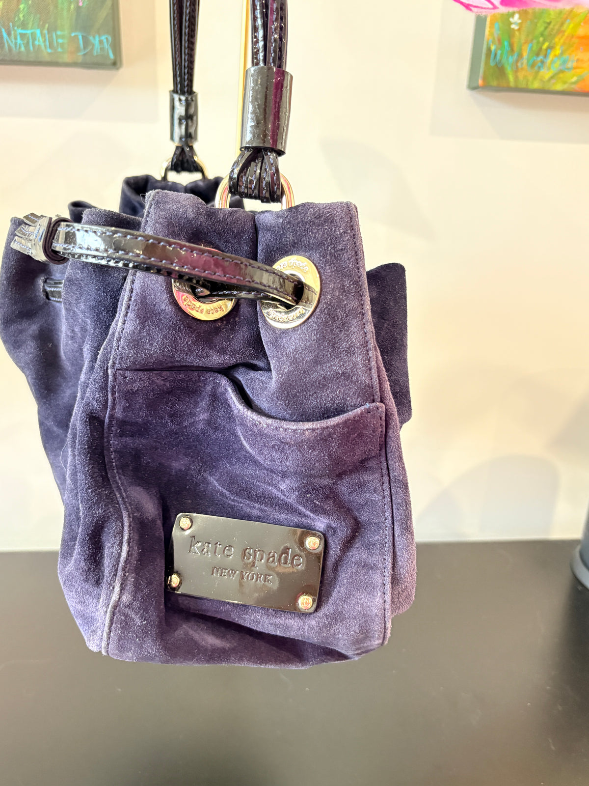 VVA378 - Kate Spade New York Shoulder Bag - Navy Suede Drawstring Hobo - Image 3