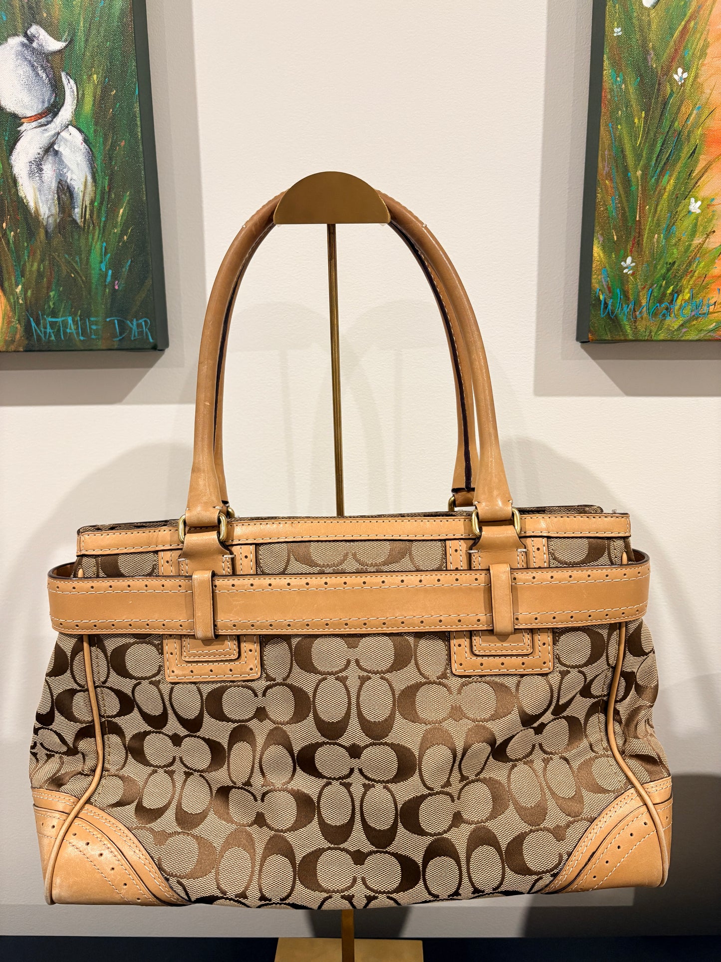 Coach 2012 F10508 Signature Hamptons Carryall Tote Bag - Beige Monogram & Tan Leather - Image 2