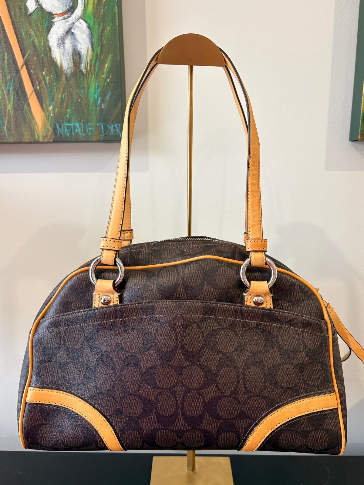 VVA379 - Coach 2012 F18919 Peyton Signature Stripe Dome Satchel - Brown Monogram with Tan Leather Trim - Image 2