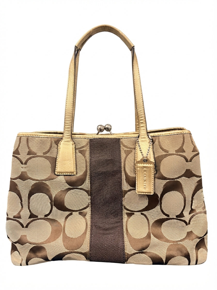 Coach 2010 F13533 Signature Stripe Kisslock Tote Bag - Beige And Gold - Image 1