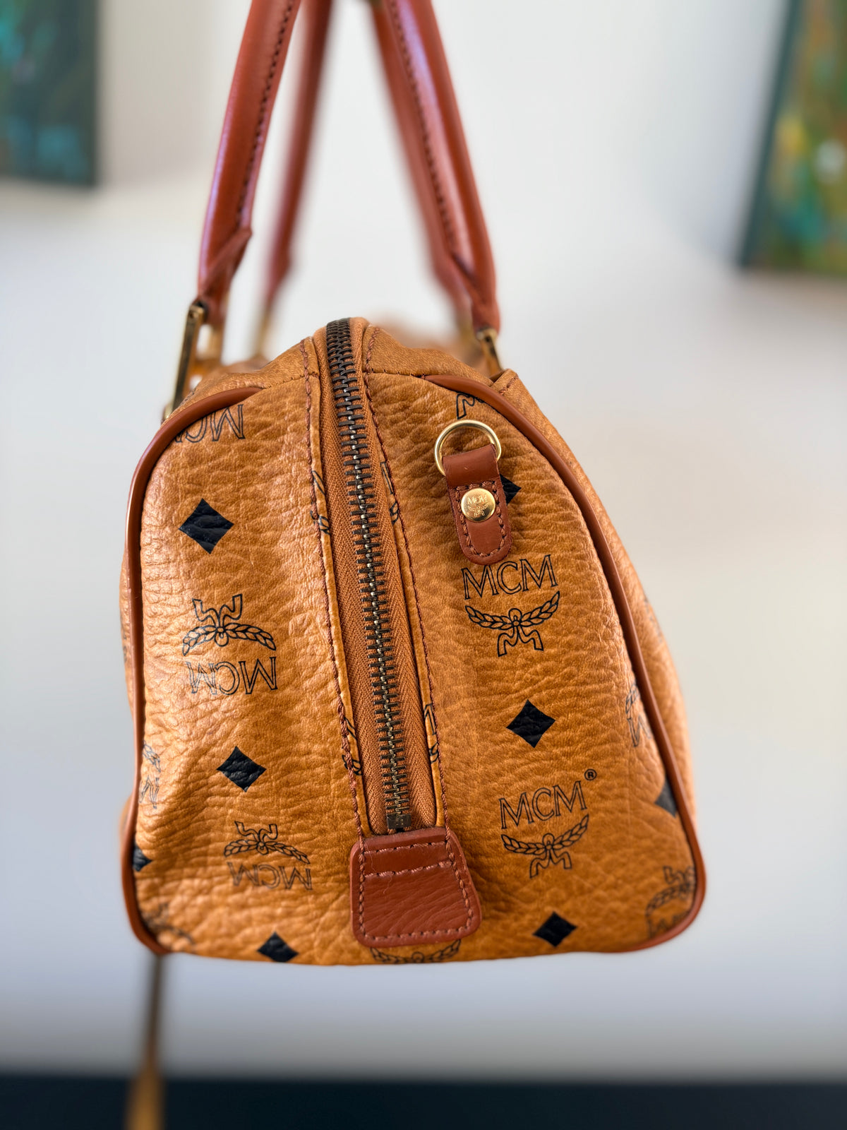 MCM Visetos Boston Bag - Iconic Cognac Monogram Handbag - Image 3