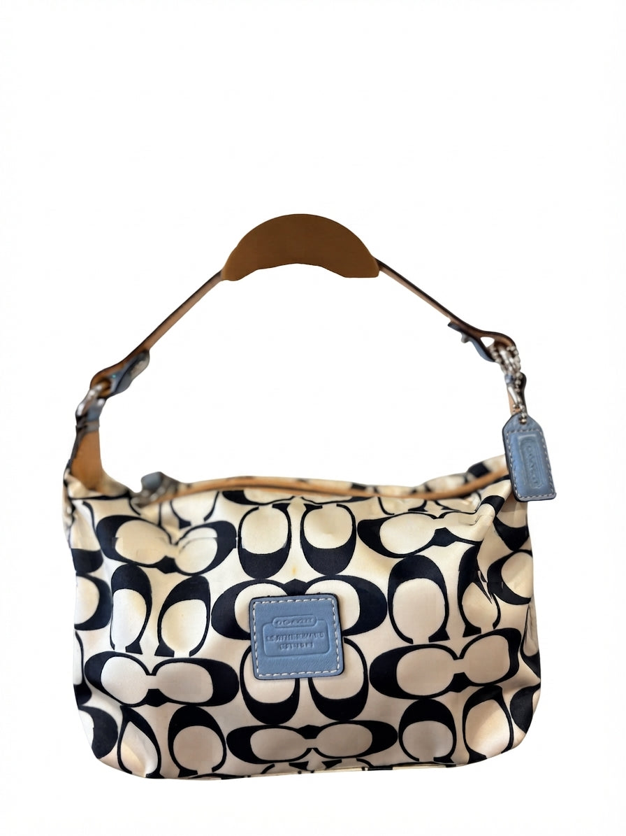 VVA341 - Coach Signature C Nylon Hobo Bag - Black & White Monogram with Leather Trim - Image 1
