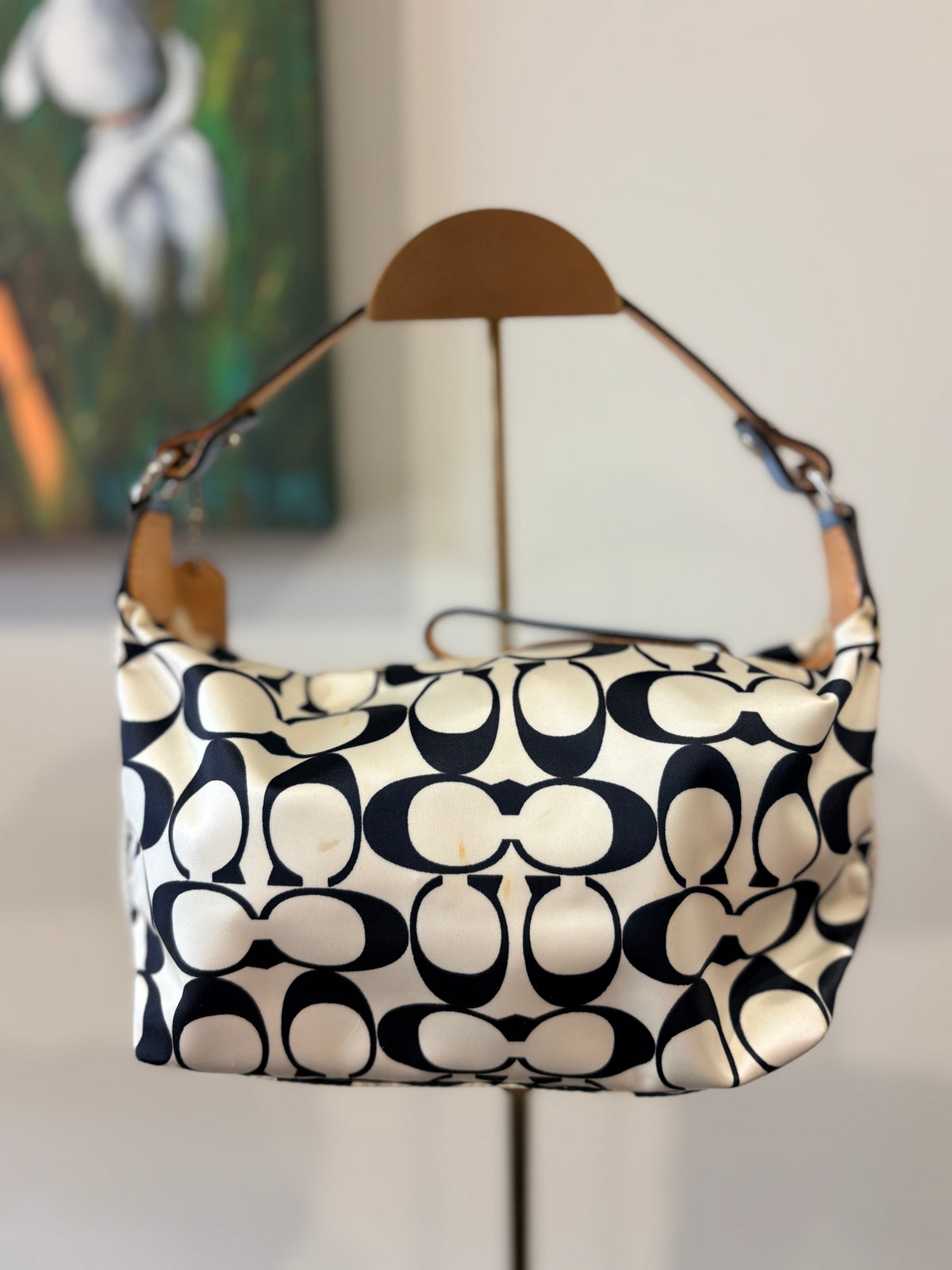 VVA341 - Coach Signature C Nylon Hobo Bag - Black & White Monogram with Leather Trim - Image 2