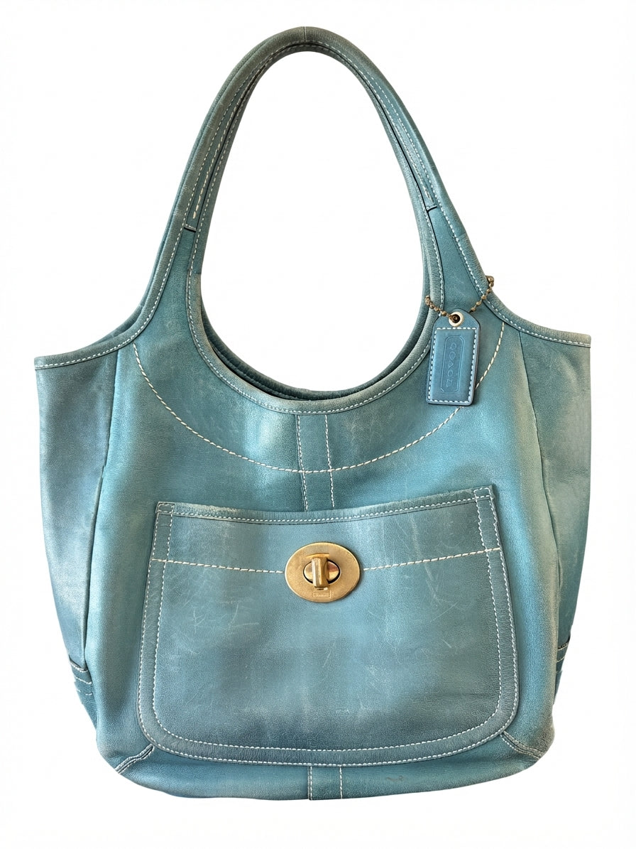 VVA338 - Coach 2007 10744 Legacy Leather Shoulder Bag - Light Blue Turnlock Hobo - Image 1
