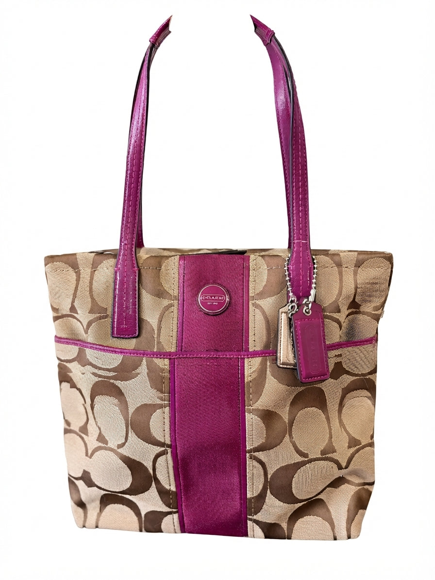 VVA373 - Coach 2013 F25771 Signature Stripe Tote Bag - Khaki and Magenta Monogram - Image 1