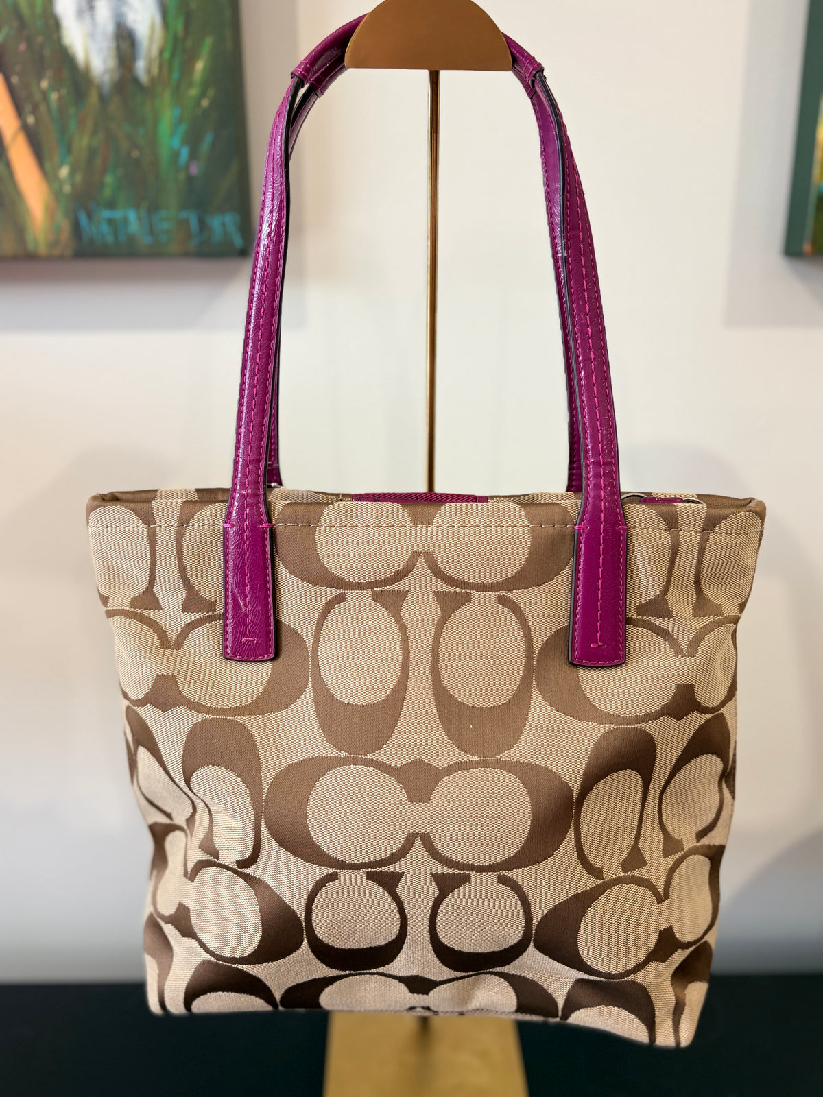 VVA373 - Coach 2013 F25771 Signature Stripe Tote Bag - Khaki and Magenta Monogram - Image 2
