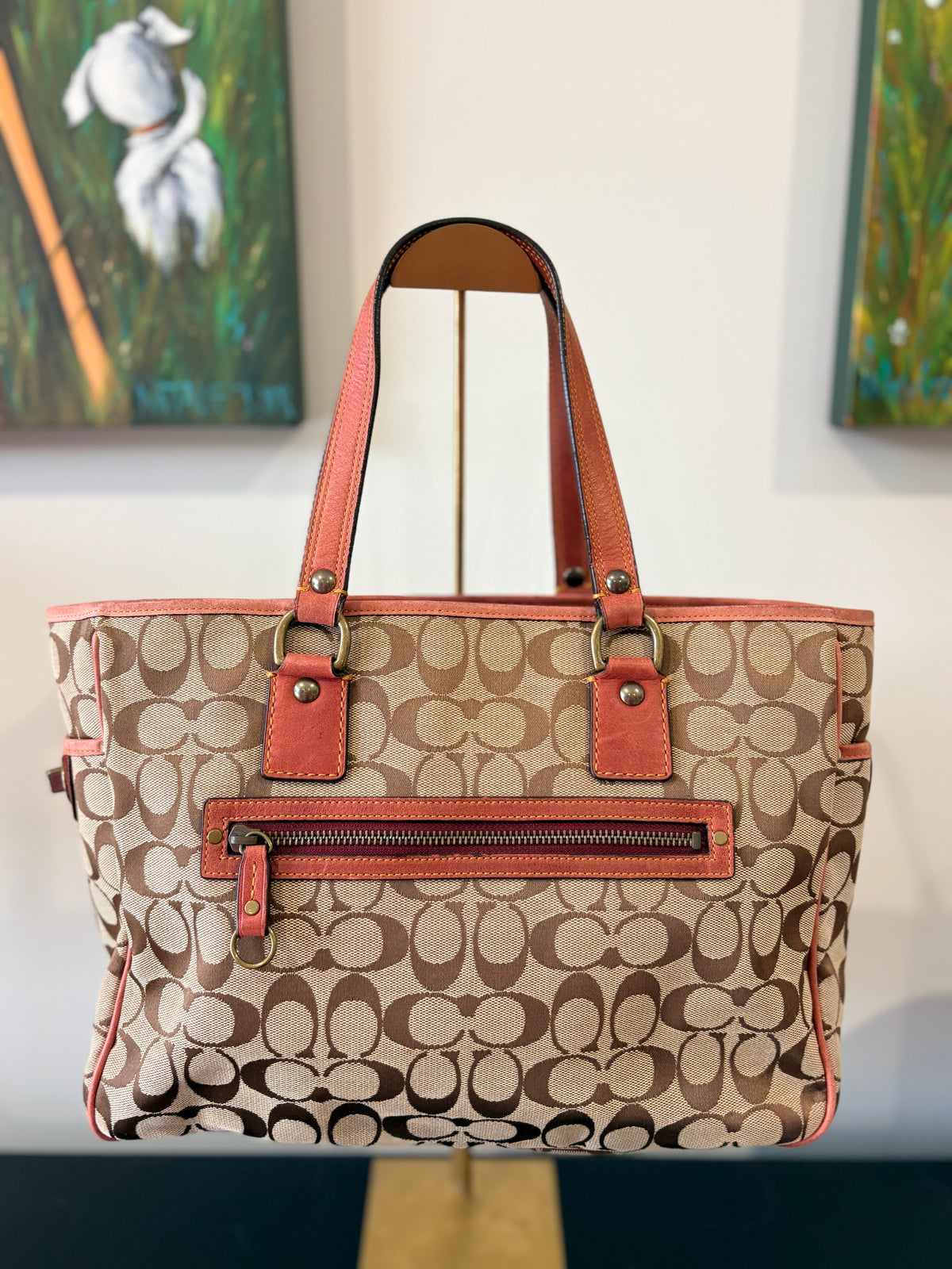 VVA375 - 2004 7066 Limited Edition Coach Signature Stripe Buckle Tote Bag - Pink Suede and Canvas - Image 2