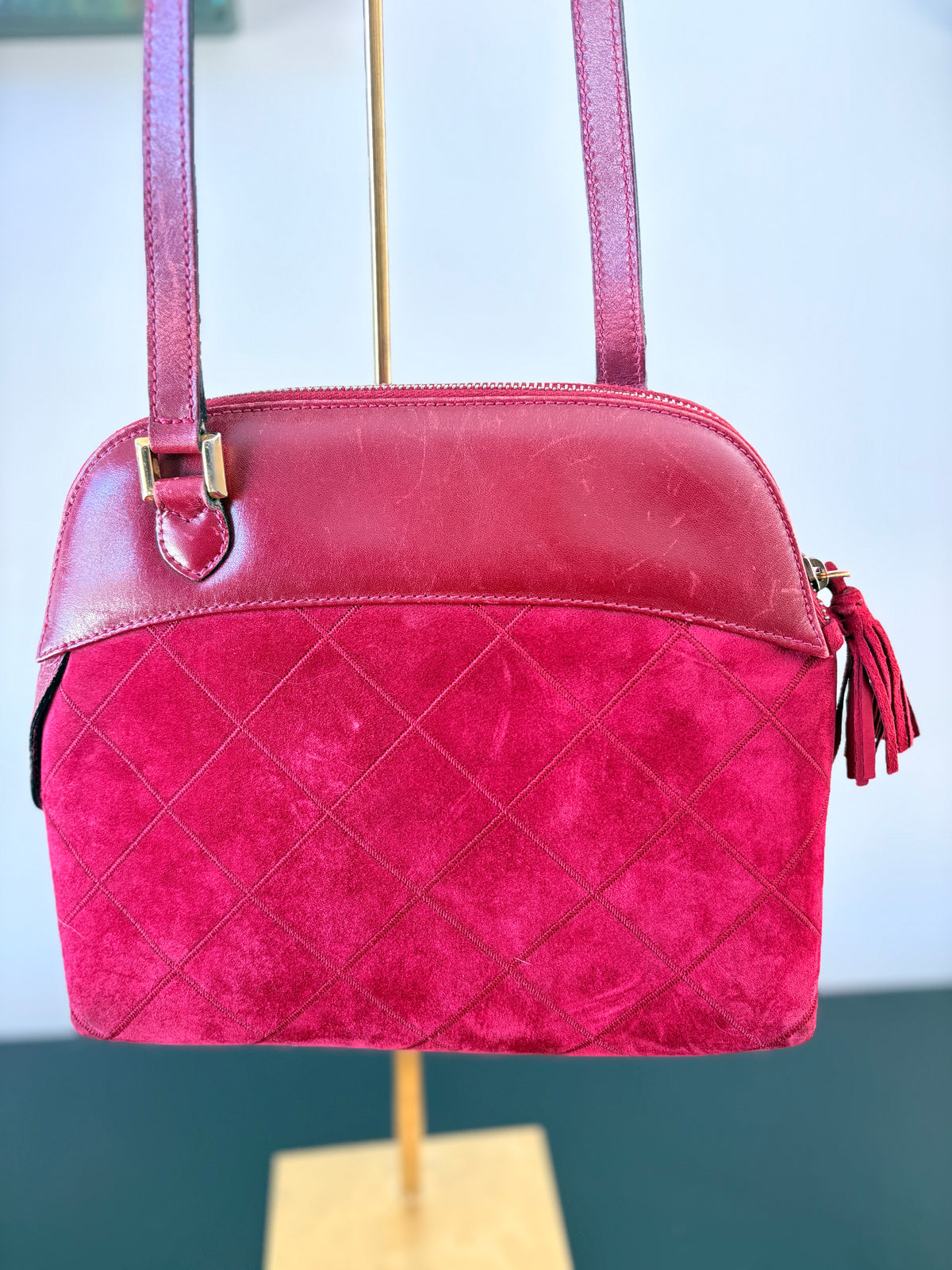 Salvatore Ferragamo Quilted Suede and Leather Shoulder Bag - Red - Image 2