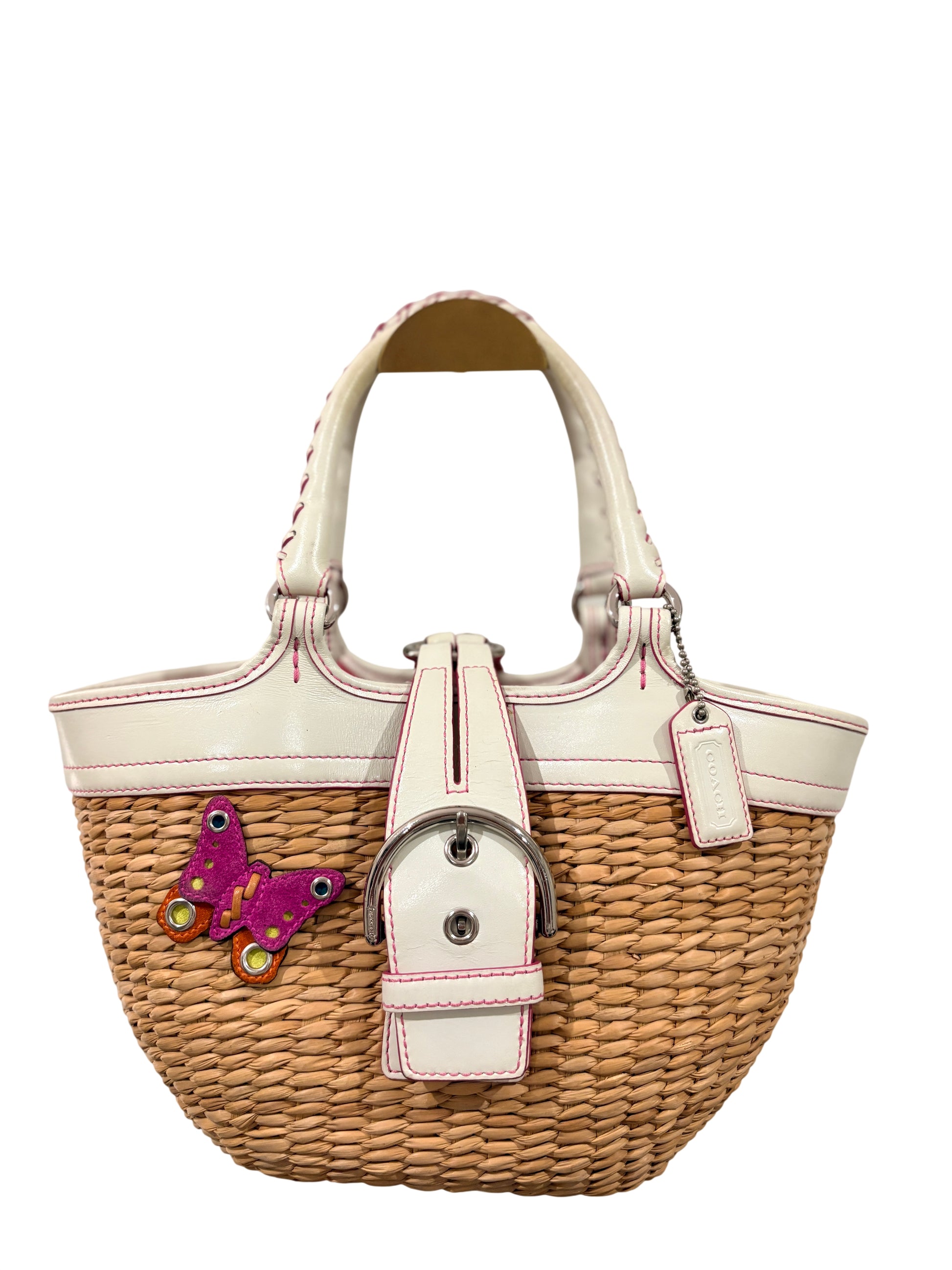 Coach 2003 6270 Soho Straw Butterfly Tote Bag - Wicker And White Leather Satchel - Image 1