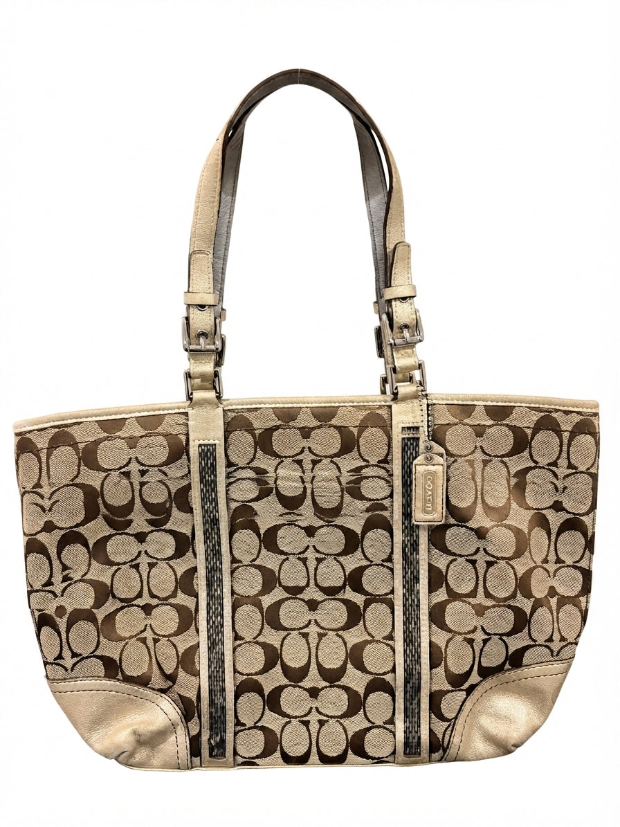 Coach 2005 8K52 Signature Signature Beaded Gallery Tote Bag - Khaki Brown With Metallic Gold Trim - Image 1