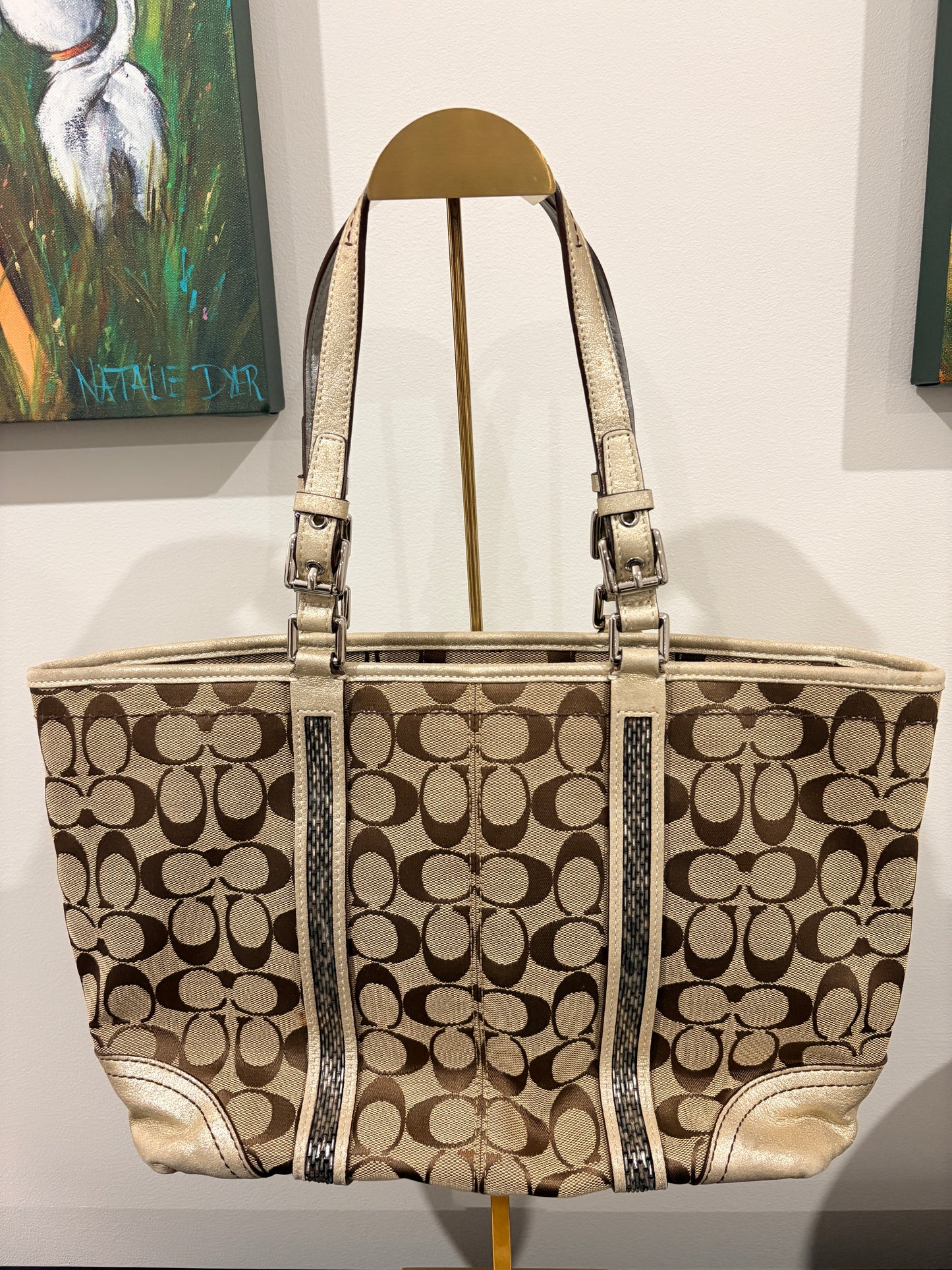 Coach 2005 8K52 Signature Signature Beaded Gallery Tote Bag - Khaki Brown With Metallic Gold Trim - Image 2