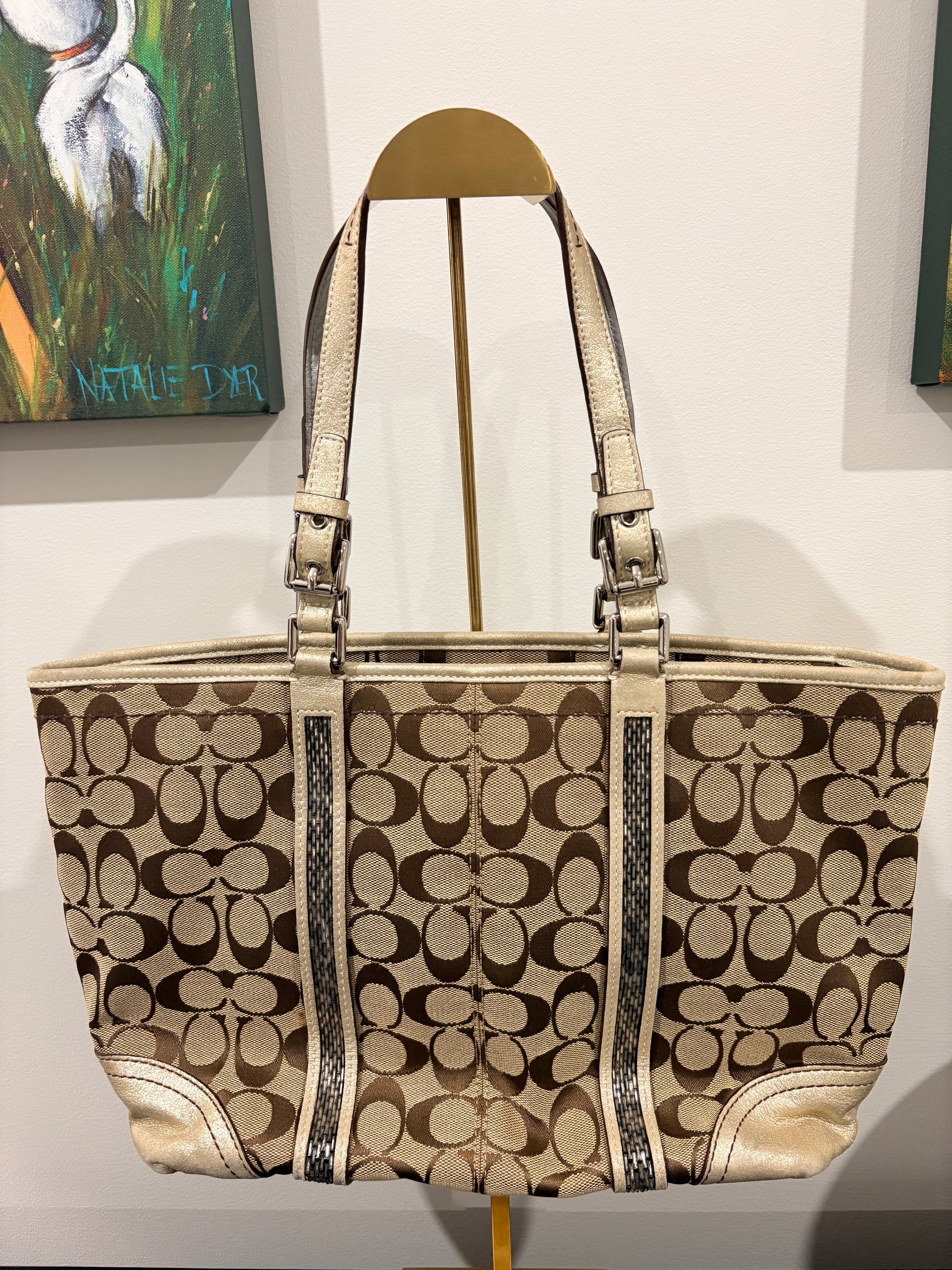 Coach 2005 8K52 Signature Signature Beaded Gallery Tote Bag - Khaki Brown With Metallic Gold Trim - Image 2