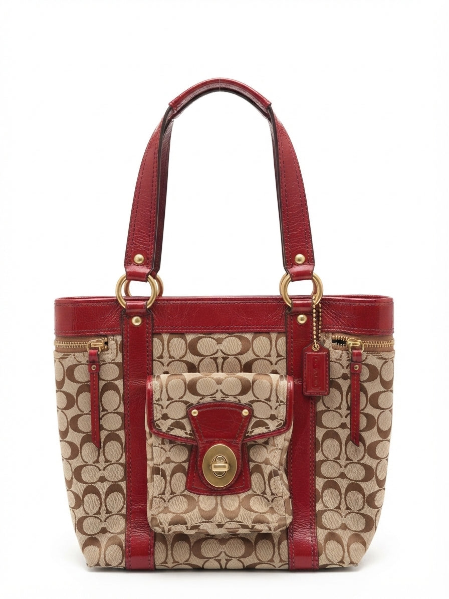 Coach 2008 F12889 Signature Legacy Signature Turnlock Tote - Red Patent Leather & Monogram Canvas - Image 1