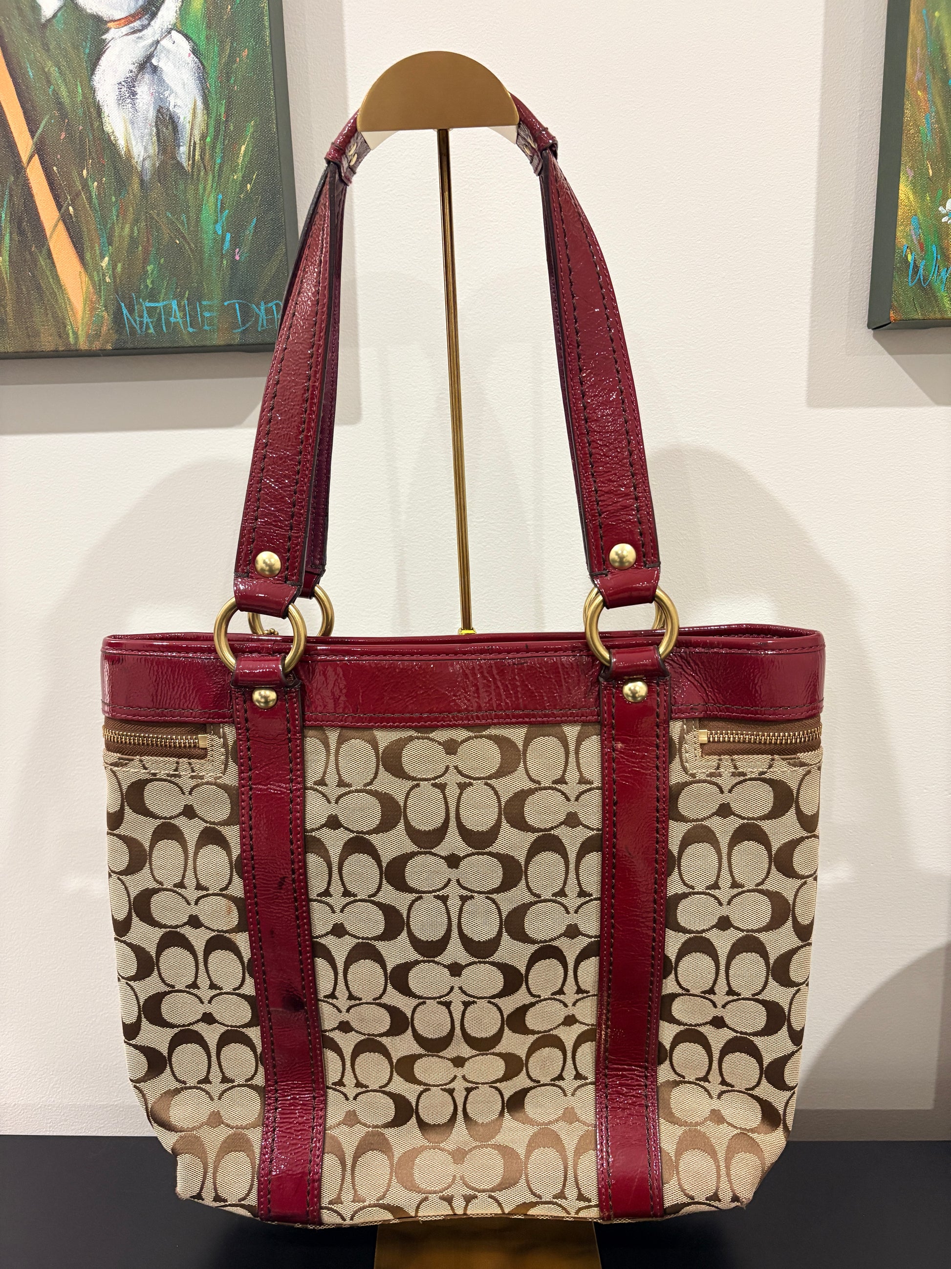 Coach 2008 F12889 Signature Legacy Signature Turnlock Tote - Red Patent Leather & Monogram Canvas - Image 2