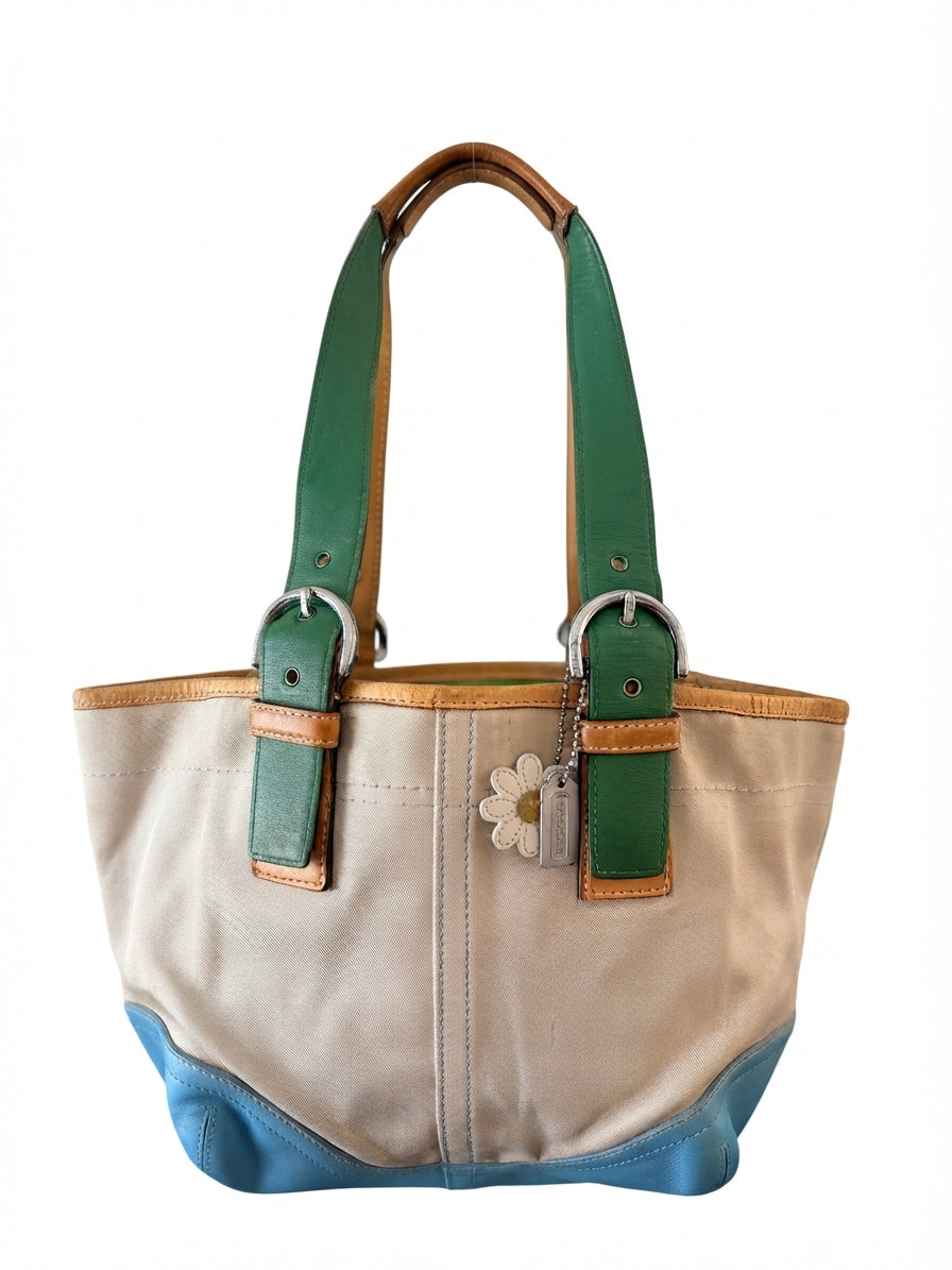 VVA338 - Coach Hamptons Weekend Tote Bag - Vintage Canvas and Leather with Daisy Charm - Image 1