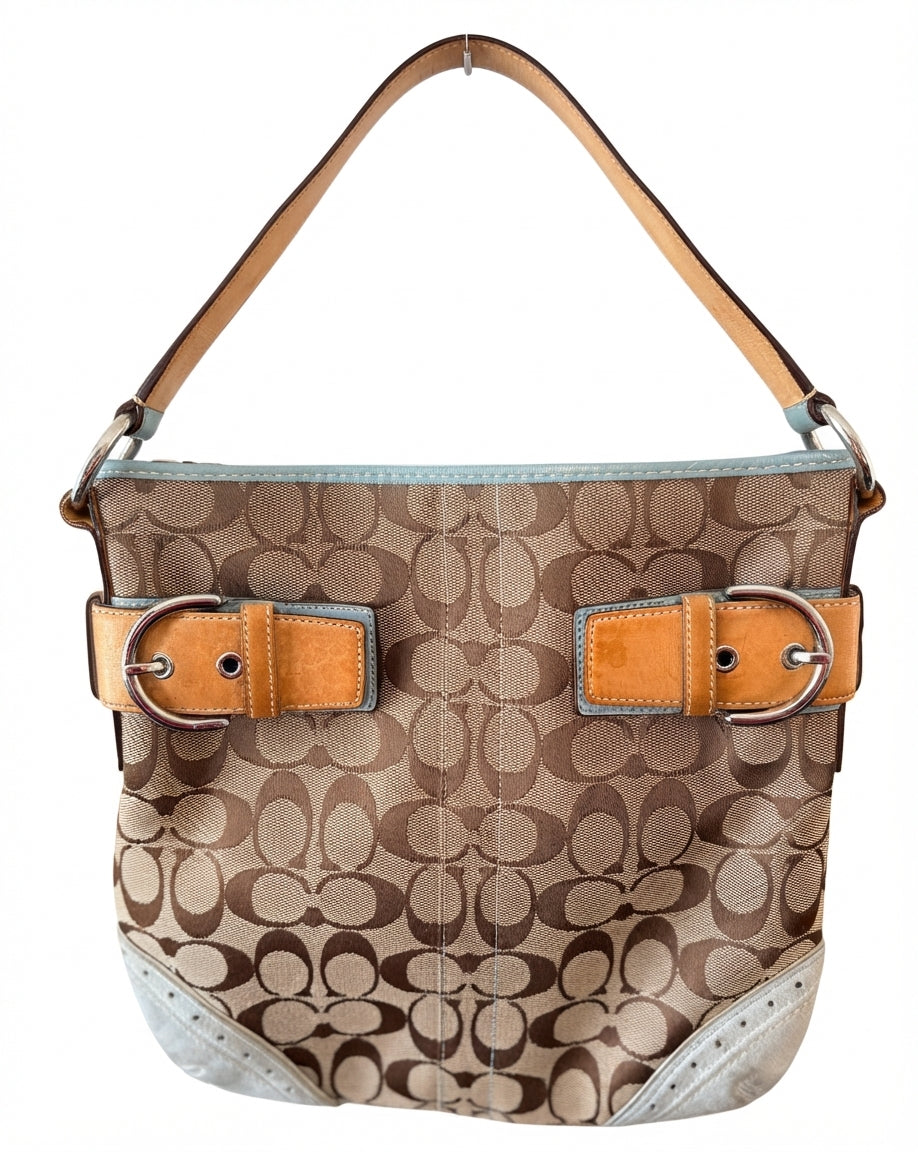 VVA390 - Coach 2005 1487 Signature Soho Hobo Bag - Brown Monogram & Blue Trim - Image 1