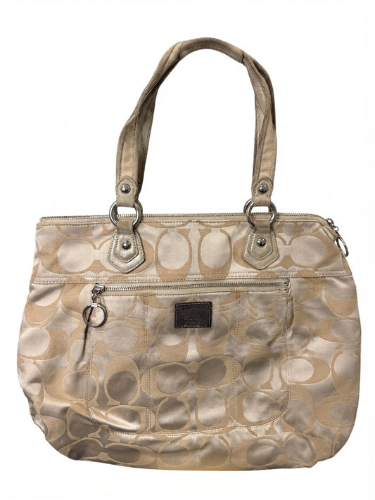Coach 2012 F18351 Poppy Signature Tote Bag - Khaki Beige Satin Handbag with Pink Trim - Image 1