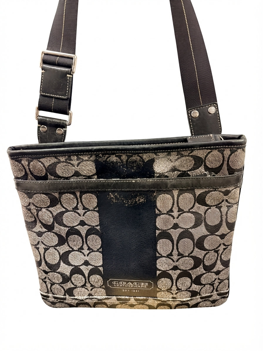 Coach 2011 F70444 Signature Stripe Crossbody Bag - Black Grey Canvas & Leather (Copy) - Image 1