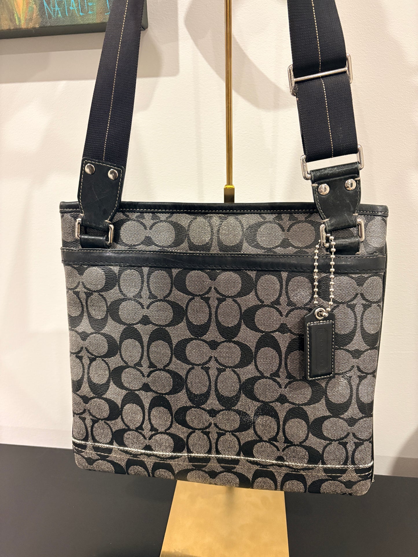 Coach 2011 F70444 Signature Stripe Crossbody Bag - Black Grey Canvas & Leather (Copy) - Image 2