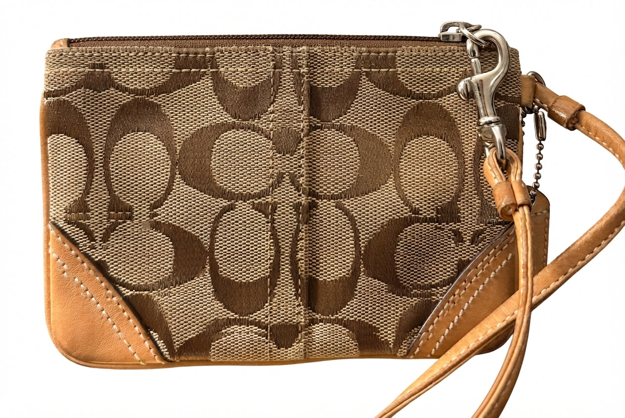 Signature C Canvas Corner Zip Wristlet - Tan Leather Trim - Image 1