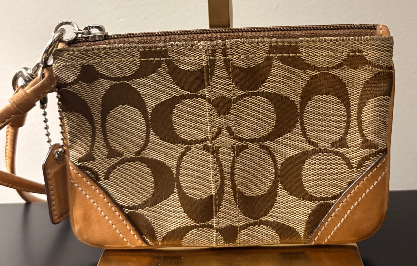 Signature C Canvas Corner Zip Wristlet - Tan Leather Trim - Image 2