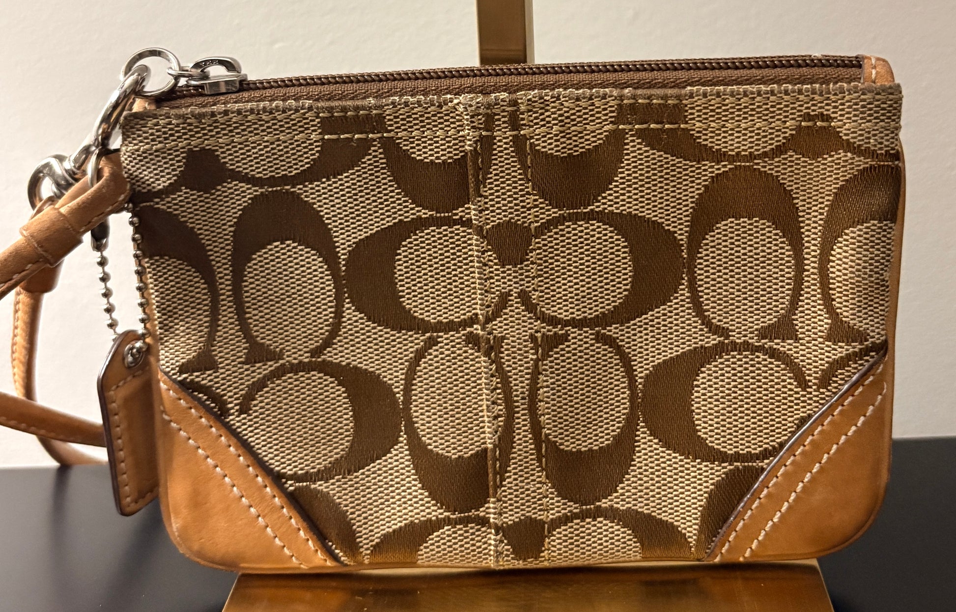 Signature C Canvas Corner Zip Wristlet - Tan Leather Trim - Image 2