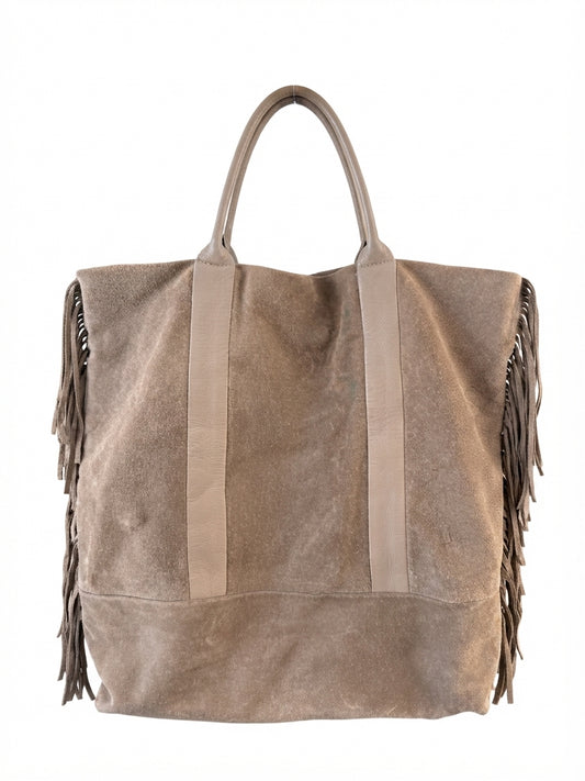 Christian Villa Chic Suede Fringe Tote Bag - Spacious Beige Handbag - Image 1
