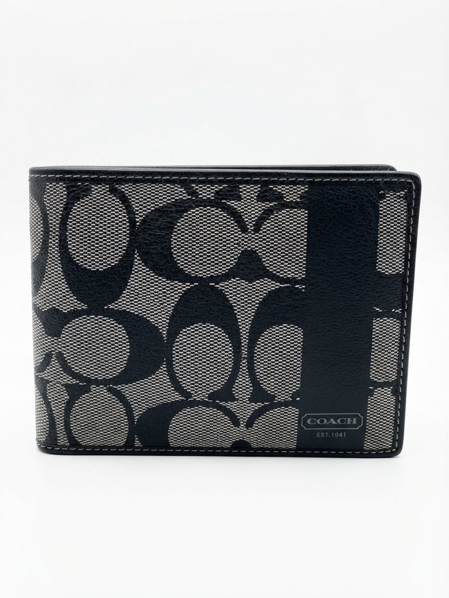 Coach Signature Stripe Slim Billfold Wallet - Black/Grey Monogram - Image 1
