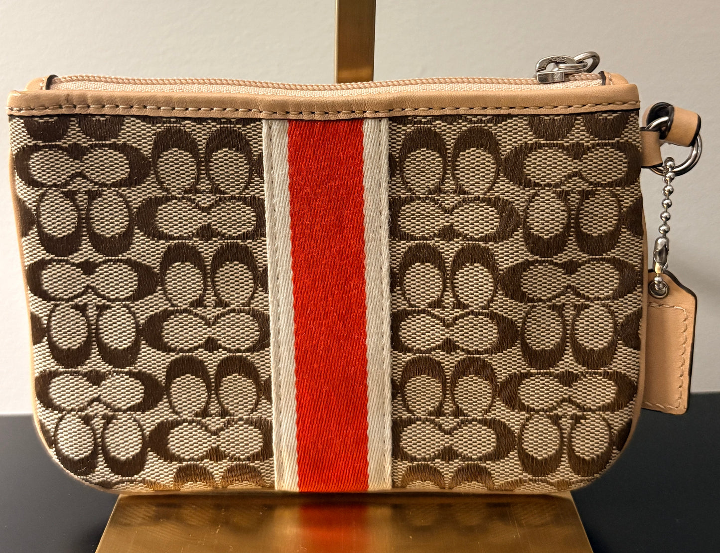 Coach Signature Stripe Wristlet - Brown Canvas With Orange Detail - Image 2