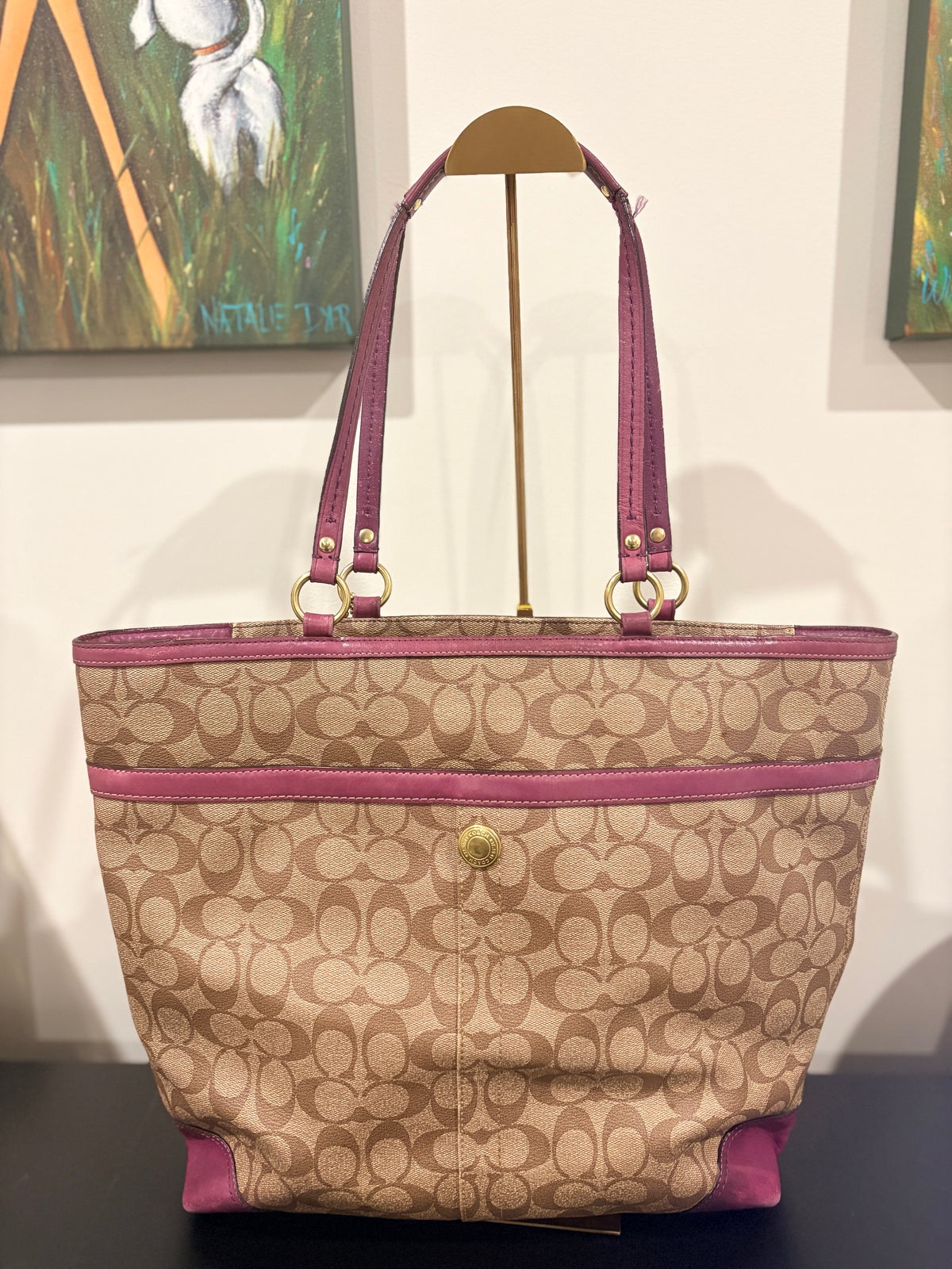 Coach 2008 12354 Signature Stripe Tote Bag - Khaki and Pink Horse and Carriage - Image 2
