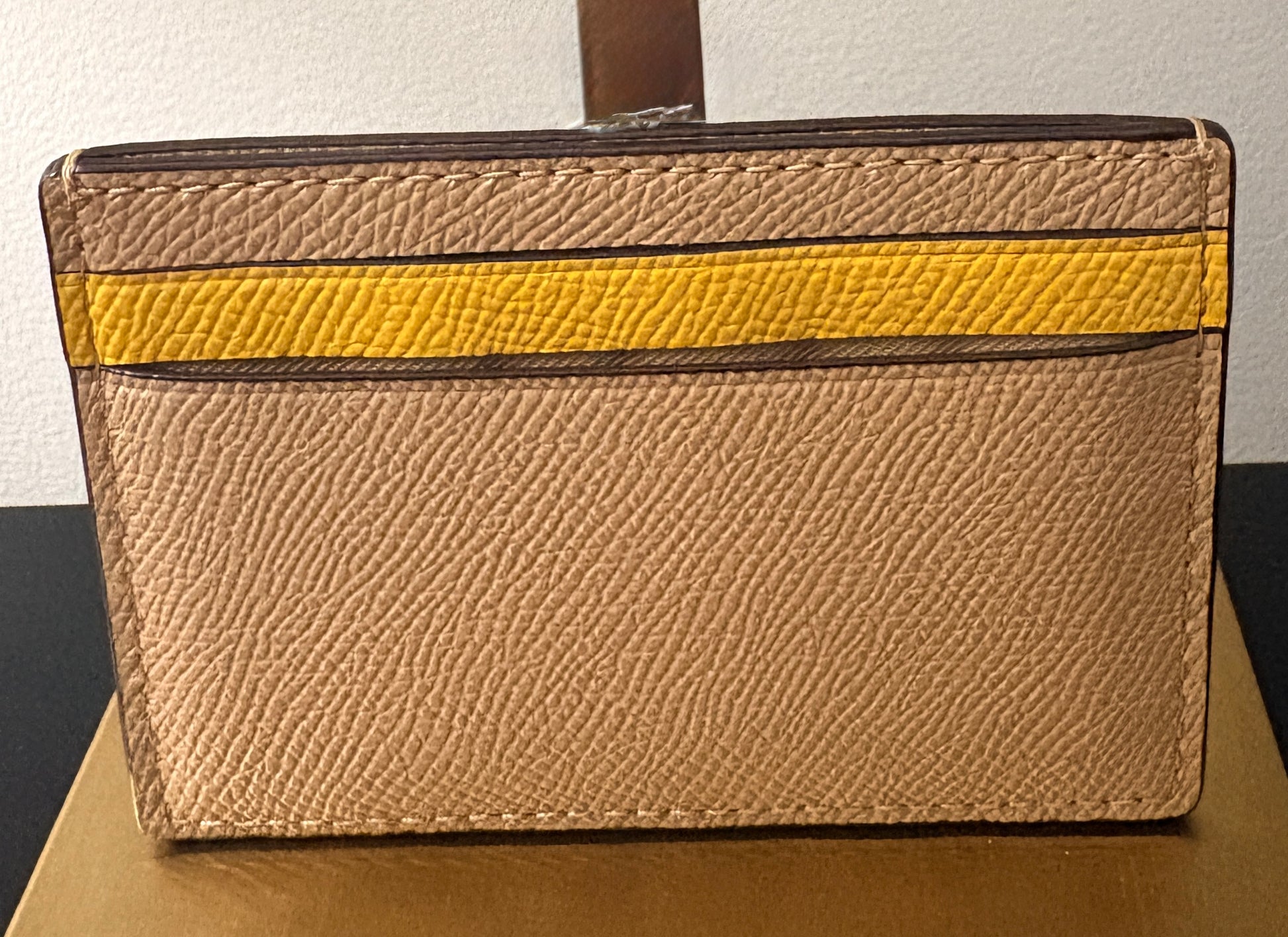Coach Pebble Leather Card Case - Tan and Yellow Colorblock Slim Wallet - Image 2
